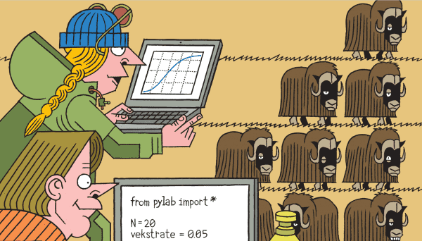 Illustrasjon av moskuser og pc skjermer med statistikk