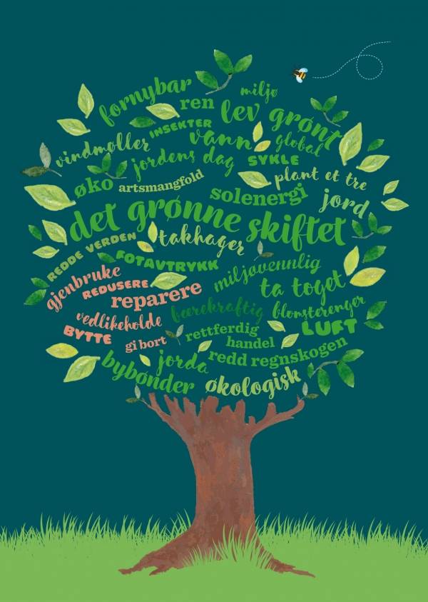 det grønne skiftet  jordens dag solenergi takhager fotavtrykk miljøvennlig rettferdig handel sykle ta toget bærekraftig redd regnskogen jorda økologisk lev grønt luft vann jord plant et tre øko fornybar miljø artsmangfold insekter vindmøller ren global bybønder redde verden blomsterenger redusere reparere gjenbruke vedlikeholde bytte  gi bort